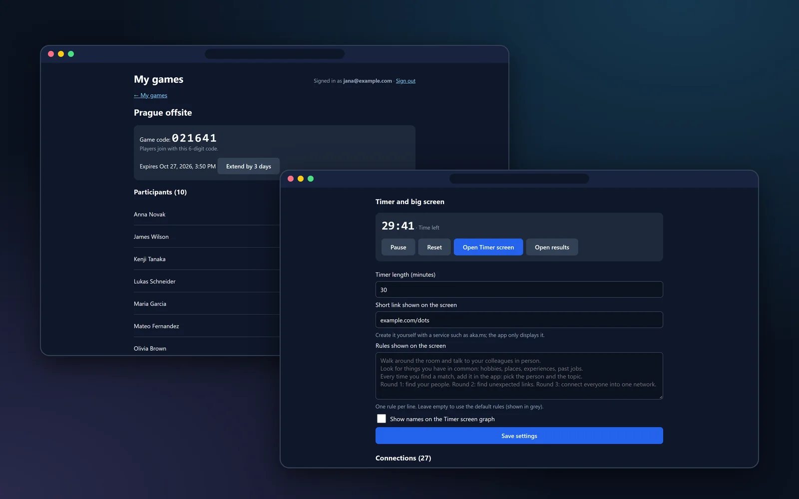 The facilitator page: the game code, the list of participants and the timer settings