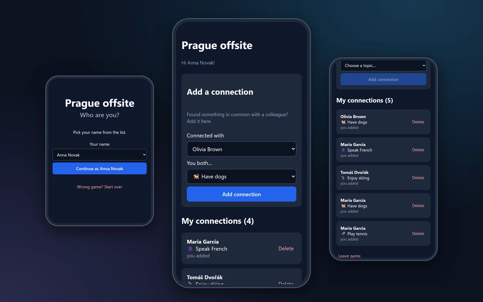 Three phones: picking a name, adding a connection with a colleague and a topic, and the list of my connections