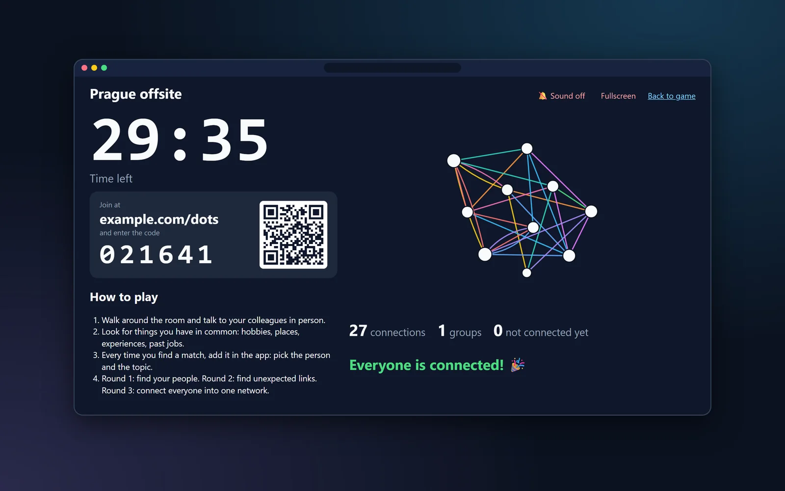 The Timer screen for the projector: a 30 minute countdown, the join code and QR code, the rules and the live network